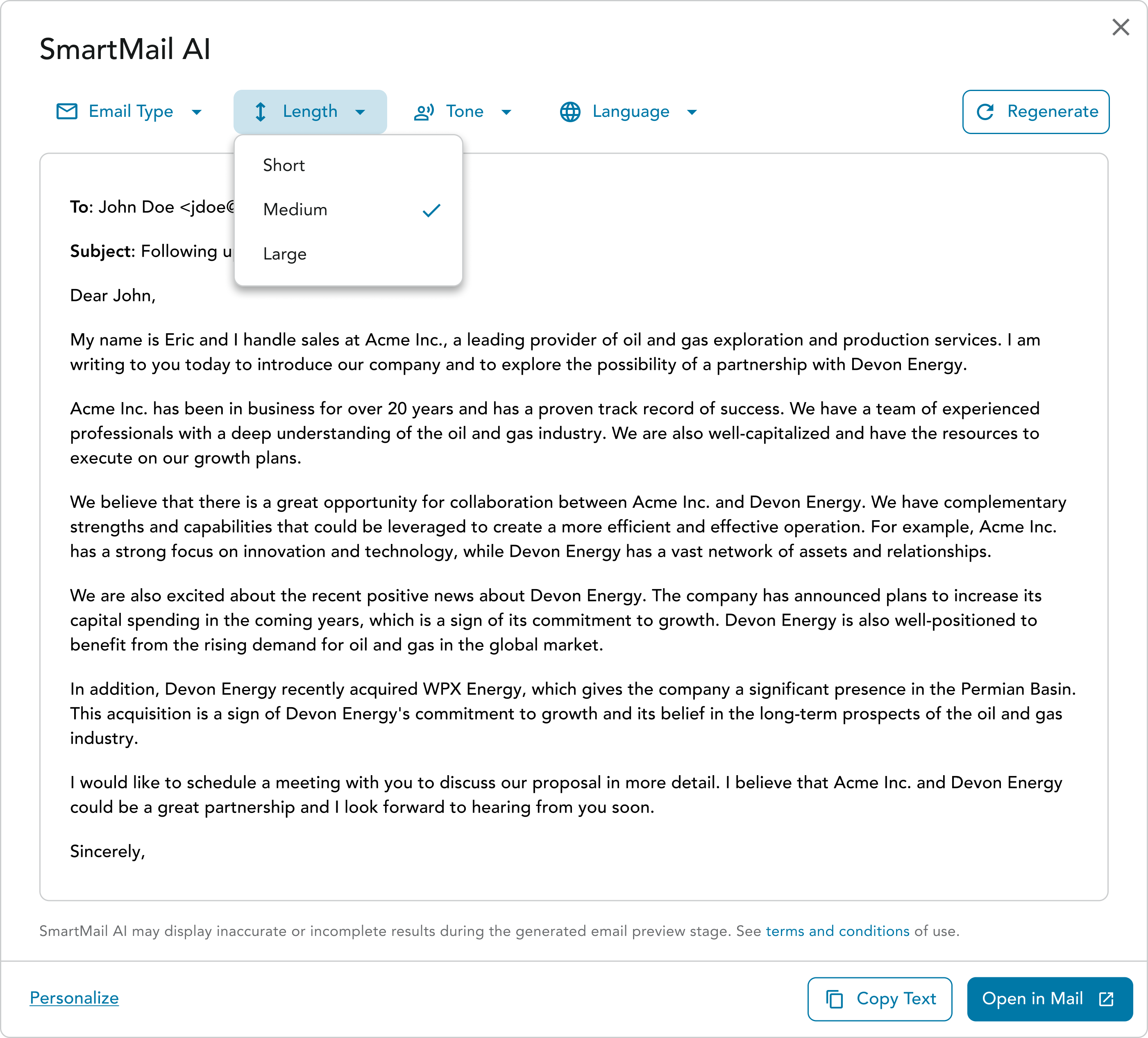 Email length selection